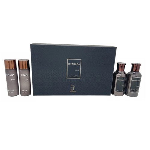 BHARARA KING 4 PCS SET FOR MEN: 3.4 EAU DE PARFUM SPRAY + 3.4 AFTER SHAVE + 5 OZ BODY LOTION + 5 OZ SHOWER GEL
