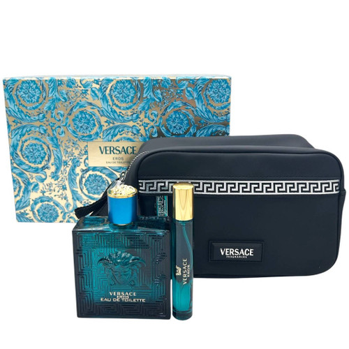 VERSACE EROS 3 PCS SET FOR MEN: 3.4 EAU DE TOILETTE SPRAY + 0.34 EAU DE TOILETTE SPRAY + BEAUTY CASE