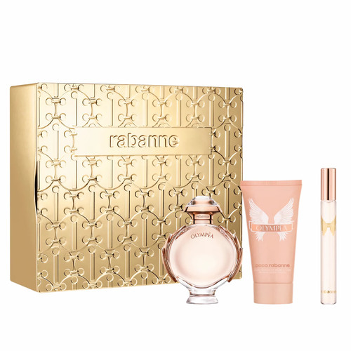 PACO RABANNE OLYMPEA 3 PCS SET FOR WOMEN: 1.7 EAU DE PARFUM SPRAY + 2.5 BODY LOTION + 0.33 EAU DE PARFUM SPRAY
