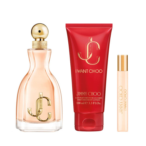 JIMMY CHOO I WANT CHOO 3 PCS SET FOR WOMEN: 3.3 EAU DE PARFUM SPRAY + 0.25 EAU DE PARFUM SPRAY + 3.3 BODY LOTION....
