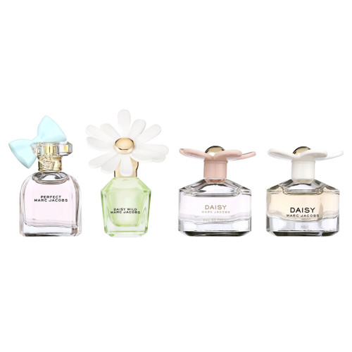 MARC JACOBS 4 PCS MINI SET FOR WOMEN: DAISY 4 ML EAU DE TOILETTE + DAISY EAU SO FRESH 4 ML EAU DE TOILETTE + DAISY WILD 4 ML EAU DE PARFUM + PERFECT 5 ML EAU DE PARFUM