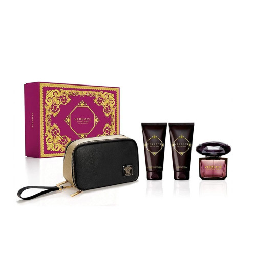 VERSACE CRYSTAL NOIR 4 PCS SET FOR WOMEN: 3 OZ EAU DE TOILETTE SPRAY + 3.4 BODY LOTION + 3.4 BATH & SHOWER GEL + TRAVEL BEAUTY POUCH