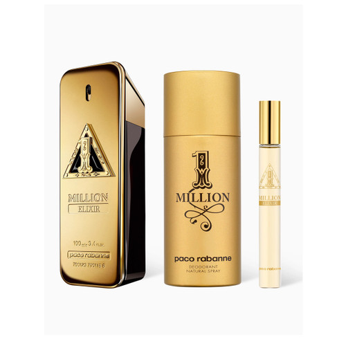 PACO RABANNE ONE MILLION ELIXIR 3 PCS SET FOR MEN: 3.4 PARFUM INTENSE SPRAY + 5.1 DEODORANT SPRAY + 0.34 PARFUM INTENSE SPRAY
