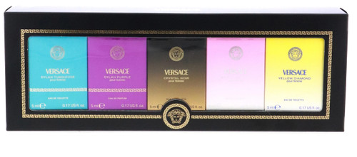 VERSACE 5 PCS MINI SET FOR WOMEN: YELLOW DIAMOND  5 ML EAU DE TOILETTE + BRIGHT CRYSTAL 5 ML EAU DE TOILETTE + CRYSTAL NOIR 5 ML EAU DE TOILETTE + DYLAN PURPLE 5 ML EAU DE PARFUM + DYLAN TURQUOISE 5 ML EAU DE TOILETTE