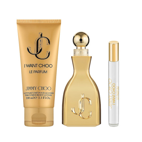 JIMMY CHOO I WANT CHOO LE PARFUM 3 PCS SET FOR WOMEN: 3.3 PARFUM SPRAY + 0.25 OZ PARFUM SPRAY + 3.3 PERFUMED BODY LOTION