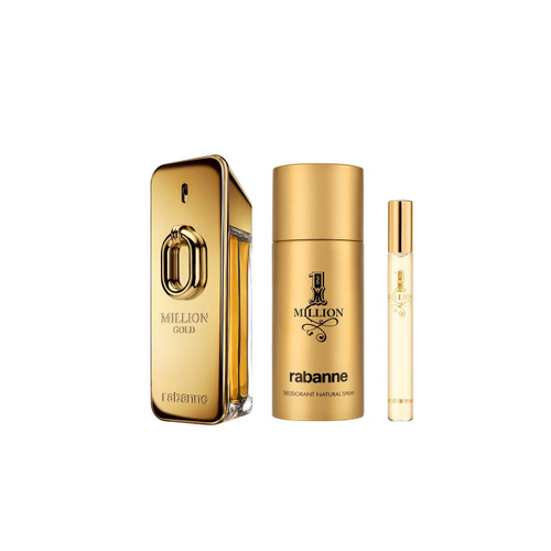PACO RABANNE MILLION GOLD 3 PCS SET FOR MEN: 3.4 EAU DE PARFUM SPRAY INTENSE + ONE MILLION 5.1 DEODORANT SPRAY + ONE MILLION 0.34 EAU DE TOILETTE SPRAY