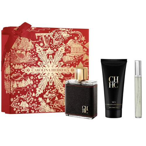 CAROLINA HERRERA CH MEN 3 PCS SET FOR MEN: 3.4 EAU DE TOILETTE SPRAY + 3.4 AFTERSHAVE BALM + 0.33 EAU DE TOILETTE TRAVEL SPRAY