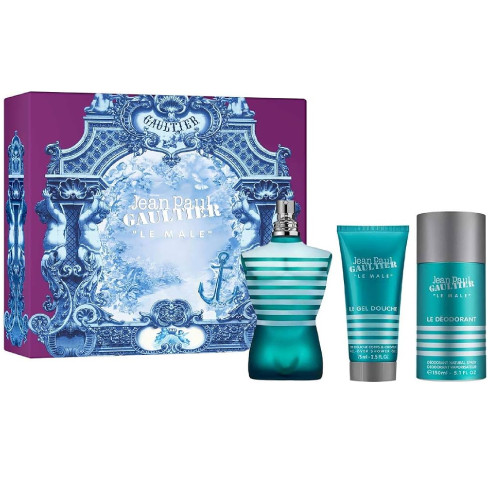 JEAN PAUL GAULTIER LE MALE 3 PCS SET FOR MEN: 4.2 EAU DE TOILETTE SPRAY + 2.5 AFTERSHAVE BALM + 5 OZ DEODORANT SPRAY