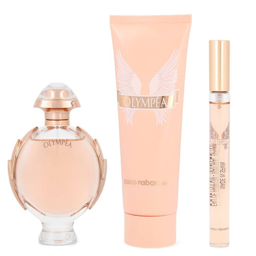 PACO RABANNE OLYMPEA 3 PCS SET FOR WOMEN: 1.6 EAU DE PARFUM SPRAY + 3.4 BODY LOTION + 0.33 EAU DE PARFUM TRAVEL SPRAY