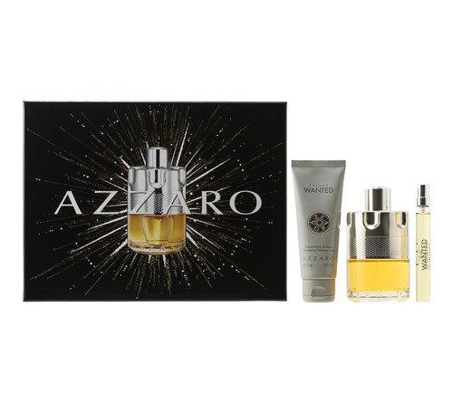 AZZARO WANTED 3 PCS SET FOR MEN: 3.4 EAU DE TOILETTE SPRAY + 2.5 HAIR & BODY WASH + 0.34 EAU DE TOILETTE TRAVEL SPRAY