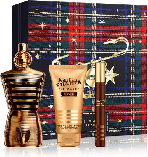 JEAN PAUL GAULTIER LE MALE ELIXIR 3 PCS SET: 4.2 PARFUM SPRAY + 0.34 PARFUM SPRAY + 2.5 ALL-OVER SHOWER GEL