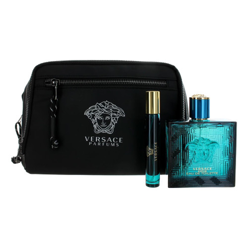 VERSACE EROS 3 PCS SET FOR MEN: 3.4 EAU DE TOILETTE SPRAY + 0.34 OZ EAU DE TOILETTE TRAVEL SPRAY + BLACK POUCH