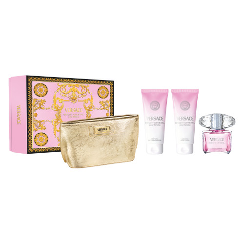 VERSACE BRIGHT CRYSTAL 4 PCS SET FOR WOMEN: 3 OZ EAU DE TOILETTE SPRAY + 3.4 BATH AND SHOWER GEL + 3.4 BODY LOTION + POUCH