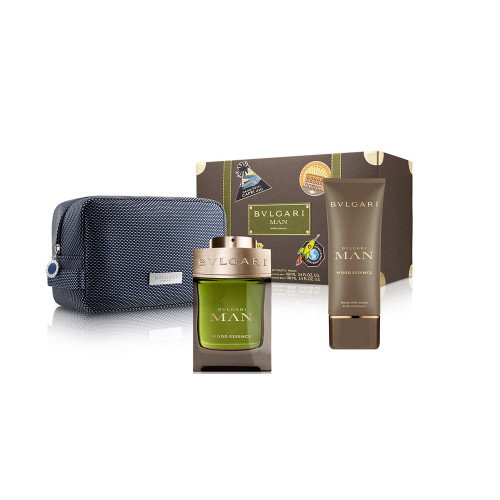 BVLGARI MAN WOOD ESSENCE 3 PCS SET: 3.4 EAU DE PARFUM SPRAY + 3.4 AFTER SHAVE BALM + POUCH (PICTURE BOX)