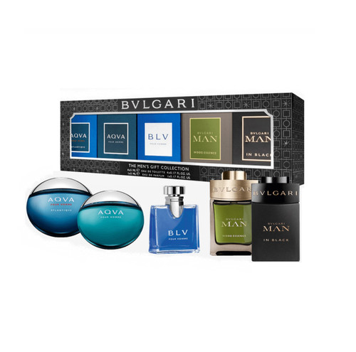 BVLGARI 5 PCS MINI SET FOR MEN: AQUA ATLANTIQUE 0.17 EAU DE TOILETTE + AQUA 0.17 EAU DE TOILETTE + BLV 0.17 EAU DE TOILETTE + MAN WOOD ESSENCE 0.17 EAU DE PARFUM + MAN IN BLACK 0.17 EAU DE PARFUM (INDIVIDUALLY BOXED)