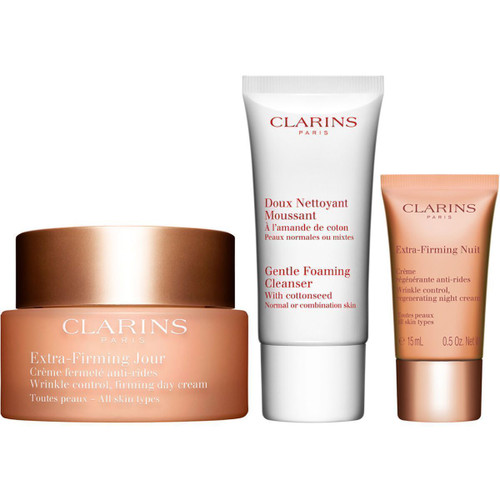 CLARINS 3 PCS EXTRA-FIRMING STARTER SET: 1.7 EXTRA-FIRMING JOUR + 1 OZ GENTLE FOAMING CLEANSER + 0.5 EXTRA-FIRMING NUIT