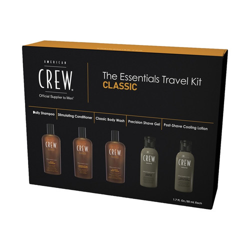 AMERICAN CREW THE ESSENTIALS 5 PCS TRAVEL KIT CLASSIC: DAILY SHAMPOO 1.7 OZ + STIMULATING CONDITIONER 1.7 OZ + CLASSIC BODY WASH 1.7 OZ + PRECISION SHAVE GEL 1.7 OZ + POST-SHAVE COOLING LOTION 1.7 OZ