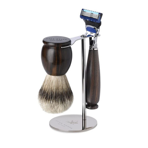 ACCA KAPPA SHAVING SET WITH STAND: EBONY WOOD SILVER BADGER BRUSH + FUSION RAZOR + STAINLESS STEEL STAND