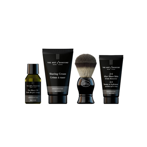 THE ART OF SHAVING UNSCENTED MID SIZE THE 4 ELEMENTS OF THE PERFECT SHAVE: PRE-SHAVE OIL1 OZ + SHAVING CREAM 1.5 OZ + AFTER-SHAVE BALM 1 OZ + SHAVING BRUSH