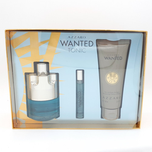 AZZARO WANTED TONIC 3 PCS SET FOR MEN: 3.4 EAU DE TOILETTE SPRAY + 0.2 EAU DE TOILETTE SPRAY + 3.4 HAIR & BODY SHAMPOO (HARD BOX)
