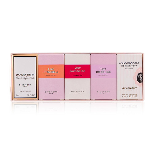 GIVENCHY 5 PCS MINI SET FOR WOMEN (INDIVIDUALLY BOXED): EAU DE MOISELLE EAU FLORALE 4ML EDT + LIVE IRRESISTIBLE BLOSSOM CRUSH 3ML EDT + VERY IRRESISTIBLE 4ML EDT + LIVE IRRESISTIBLE 3ML EDP + DAHLIA DIVIN NUDE 5ML EDP