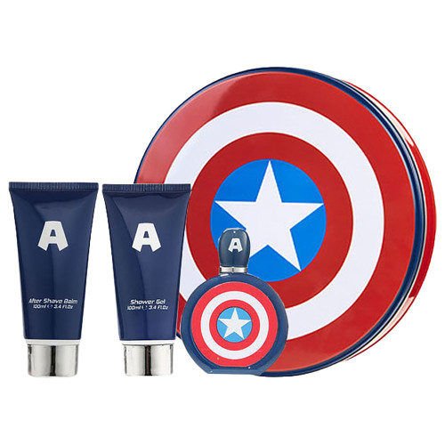 MARVEL CAPTAIN AMERICA 3 PCS SET FOR MEN: 3.4 EAU DE TOILETTE + 5 OZ SHOWER GEL + 5 OZ AFTER SHAVE BALM