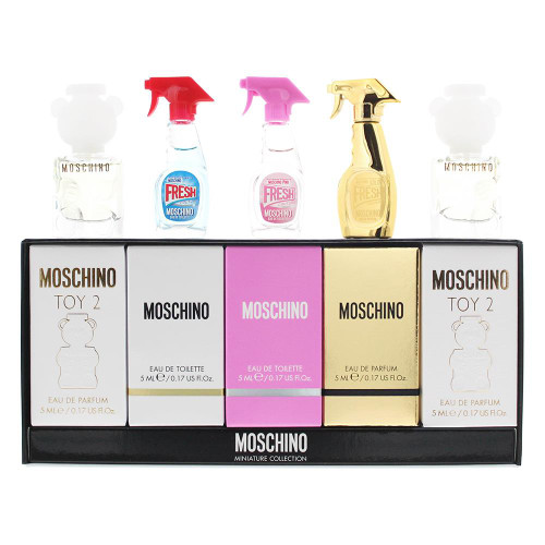 MOSCHINO 5 PCS MINI SET FOR WOMEN: TOY 2 0.17 EAU DE PARFUM + FRESH GOLD 0.17 EAU DE PARFUM + FRESH PINK 0.17 EAU DE TOILETTE + FRESH 0.17 EAU DE TOILETTE + TOY 2 0.17 EAU DE PARFUM