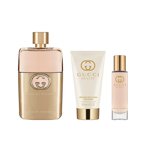 GUCCI GUILTY POUR FEMME 3 PCS SET: 3 OZ EAU DE PARFUM SPRAY + 0.5 EAU DE PARFUM SPRAY + 1.6 BODY LOTION (HARD BOX)