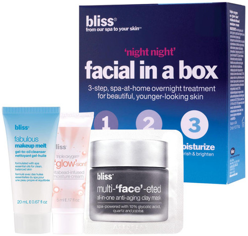 BLISS 'NIGHT NIGHT' FACIAL IN A BOX 2 FACIALS: FABULOUS MAKEUP MELT GEL-TO-OIL CLEANSER 0.67 OZ + 2 MULTI-'FACE'-ETED ALL-IN-ONE ANTI-AGING CLAY MASK 0.14 OZ + TRIPLE OXYGEN EX-'GLOW'-SION VITABEAD-INFUSED MOISTURE CREAM 0.17 OZ