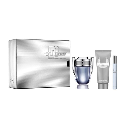 PACO INVICTUS 3 PCS SET: 3.4 EAU DE TOILETTE SPRAY + 3.4 ALL OVER SHAMPOO + 0.34 OZ MINI EAU DE TOILETTE TRAVEL SPRAY (METAL BOX)