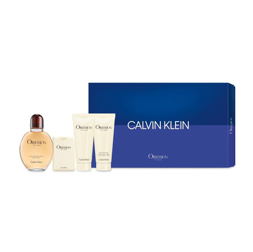 OBSESSION 4 PCS SET FOR MEN: 4 OZ EAU DE TOILETTE SPRAY + 0.67 OZ EAU DE TOILETTE TRAVEL SPRAY + 3.4 AFTER SHAVE BALM + 3.4 ALL OVER BODY WASH (HARD BOX)
