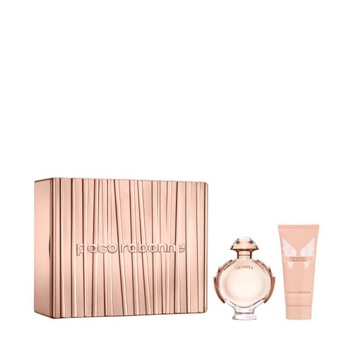 PACO OLYMPEA 2 PCS SET FOR WOMEN: 2.7 EAU DE PARFUM SPRAY + 3.4 BODY LOTION (METAL BOX)