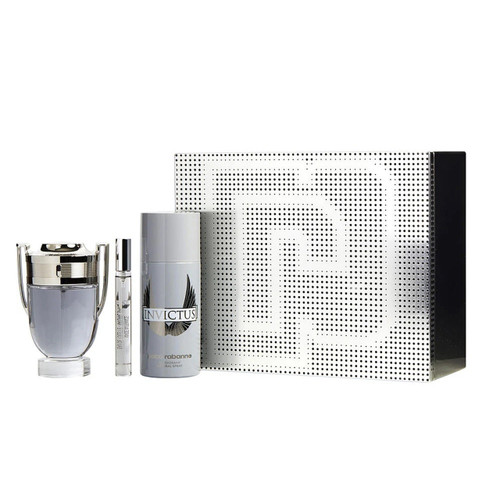 PACO RABANNE INVICTUS 3 PCS SET FOR MEN: 3.4 EAU DE TOILETTE SPRAY + 5.1 OZ DEODORANT SPRAY + 0.34 OZ EAU DE TOILETTE TRAVEL SPRAY (METAL BOX) PACO RABANNE INVICTUS 3 PCS SET FOR MEN: 3.4 EAU DE TOILETTE SPRAY + 5.1 OZ DEODORANT SPRAY + 0.34 OZ EAU DE TOILETTE TRAVEL SPRAY (METAL BOX)