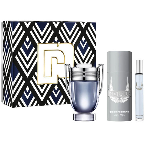 PACO RABANNE INVICTUS 3 PCS SET FOR MEN: 3.4 EAU DE TOILETTE SPRAY + 5.1 DEODORANT SPRAY + 0.34 EAU DE TOILETTE SPRAY.