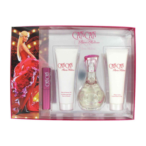 PARIS HILTON CAN CAN 4 PCS SET FOR WOMEN: 3.4 EAU DE PARFUM SPRAY + 10 ML EAU DE PARFUM SPRAY + 3 OZ BODY LOTION + 3 OZ SHOWER GEL