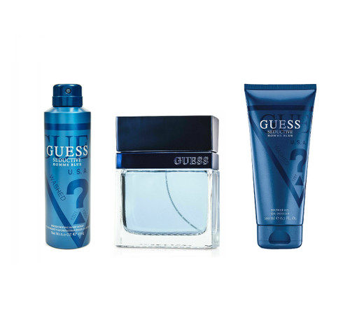 GUESS SEDUCTIVE BLUE 3 PCS SET FOR MEN: 3.4 EAU DE TOILETTE SPRAY + 6.7 SHOWER GEL + 6 OZ BODY SPRAY (WINDOW BOX)