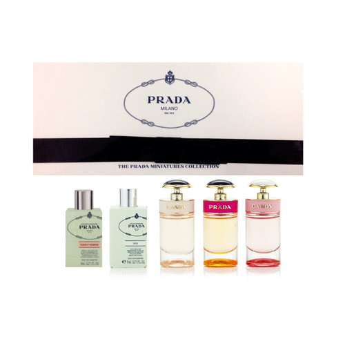 PRADA 5 PCS MINI SET FOR WOMEN: IRIS 0.27 OZ EDP + FLEUR D'ORANGER 0.27 OZ EDP + CANDY 0.24 OZ EDP + CANDY FLORALE 0.24 OZ EDT + CANDY L'EAU 0.24 OZ EDT