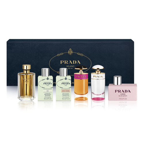 PRADA 6 PCS MINI SET: LA FEMME 0.3 EAU DE PARFUM + LES INFUSIONS DE PRADA IRIS 0.27 EAU DE PARFUM + FLEUR D' ORANGER 0.27 EAU DE PARFUM + CANDY 0.24 EAU DE PARFUM + CANDY KISS 0.24 EAU DE PARFUM + AMBER 0.27 EAU DE PARFUM (HARD BOX)