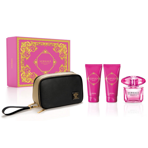 VERSACE BRIGHT CRYSTAL ABSOLU 4 PCS SET FOR WOMEN: 3 OZ EAU DE PARFUM + 3.4 SHOWER GEL + 3.4 BODY LOTION + POUCH