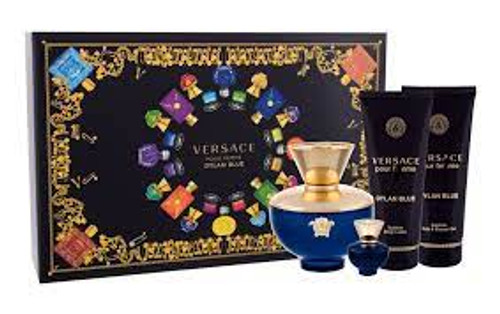 VERSACE DYLAN BLUE 4 PCS SET WOMEN: 3.4 EAU DE PARFUM SPRAY + 0.16 EAU DE PARFUM + 3.4 BODY LOTION + 3.4 SHOWER GEL