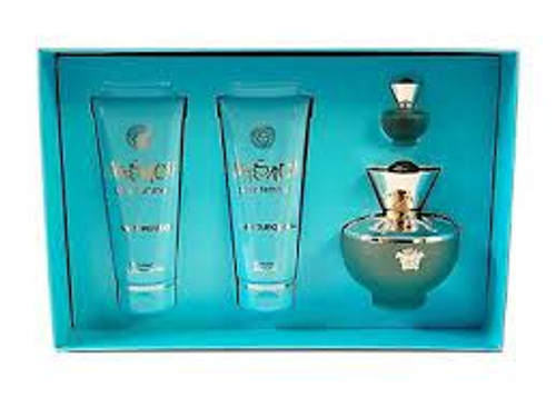 VERSACE DYLAN TURQUOISE 4 PCS SET FOR WOMEN: 3.4 EAU DE TOILETTE SPRAY + 0.16 EAU DE TOILETTE + 3.4 BODY LOTION + 3.4 SHOWER GEL (HARD BOX)