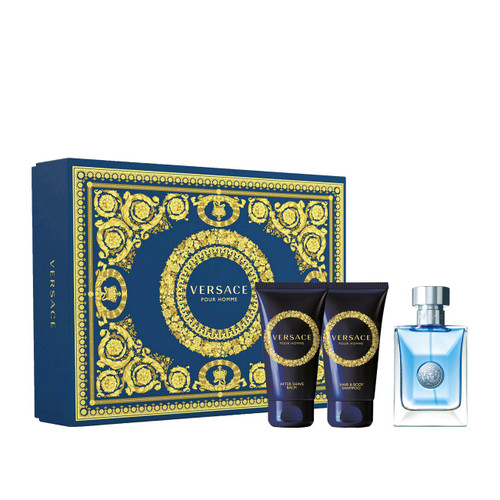 VERSACE POUR HOMME 3 PCS SET: 1.7 EAU DE TOILETTE SPRAY + 1.7 HAIR & BODY SHAMPOO + 1.7 AFTER SHAVE BALM (HARD BOX)