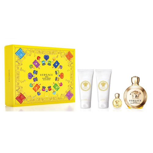 VERSACE EROS 4 PCS SET FOR WOMEN: 3.4 EAU DE PARFUM SPRAY + 0.16 EAU DE PARFUM + 3.4 BODY LOTION + 3.4 SHOWER GEL (HARD BOX)