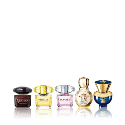 VERSACE 5 PCS MINI SET FOR WOMEN: DYLAN BLUE POUR FEMME 5 ML EAU DE PARFUM + EROS POUR FEMME 5 ML EAU DE PARFUM + CRYSTAL NOIR 5 ML EAU DE TOILETTE + BRIGHT CRYSTAL 5 ML EAU DE TOILETTE + YELLOW DIAMOND 5 ML EAU DE TOILETTE