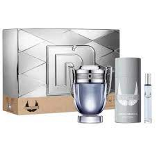 PACO RABANNE INVICTUS 3 PCS SET FOR MEN: 3.4 EAU DE TOILETTE SPRAY + 0.34 EAU DE TOILETTE SPRAY + 5.1 DEODORANT SPRAY.