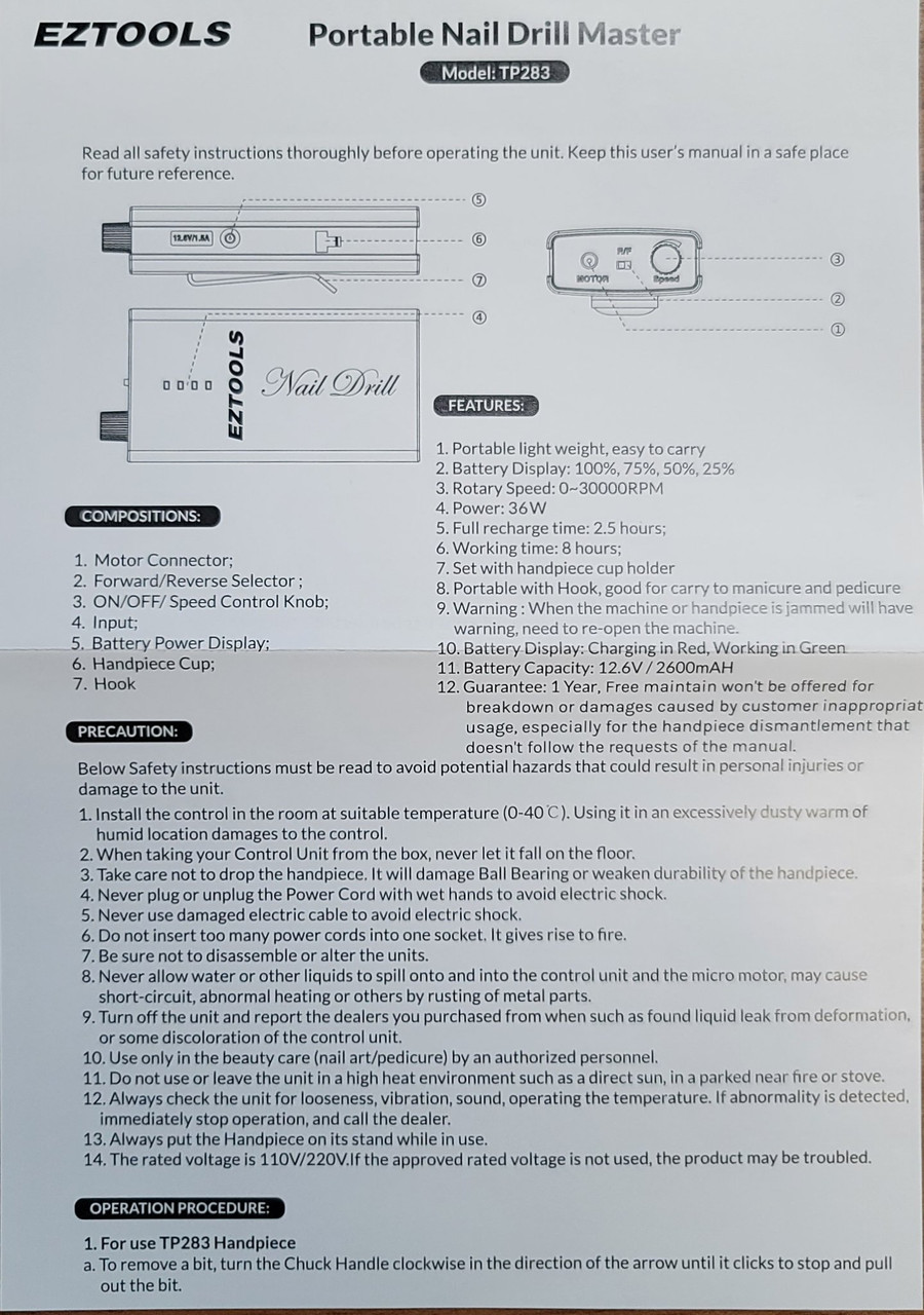 EZTOOLS Precision Nail Drill Rechargeable Machine Diamond Nail Supply
