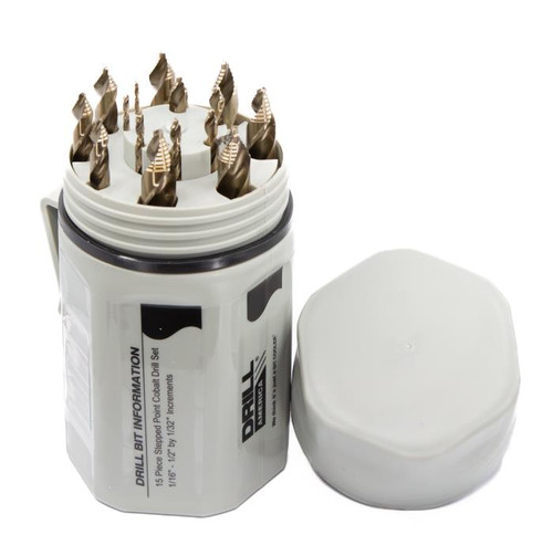 15 Piece Cobalt Stepped Drill Set in Bit Cooler Case (1/16 - 1/2 x 32ths, 1/16 and 3/32 No Step Point)