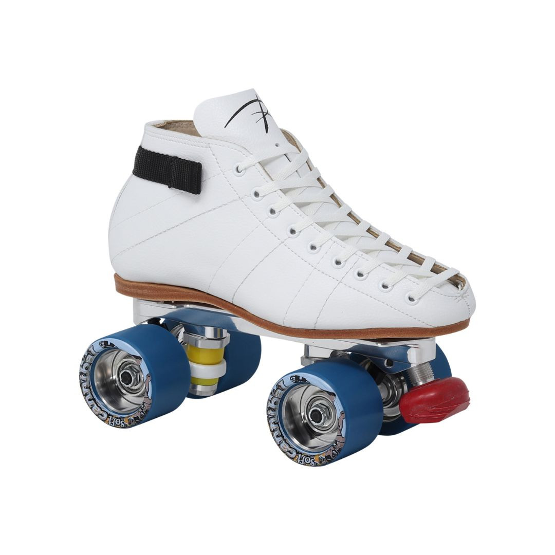 Riedell 595 White Roller Skates with Powertrac Plates and Cannibal