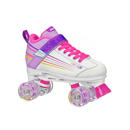 Front Facing White/Rainbow Pacer Comet Roller Skates from Rollerskatenation