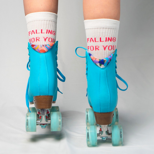 Back Facing White Falling For You Statement Socks from Roller Skate Nation